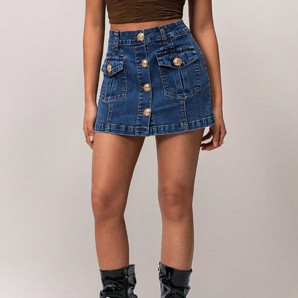 Blue Casual Women's Front & Middle Zipper Washed Denim Skirt - Picture 5 of 7